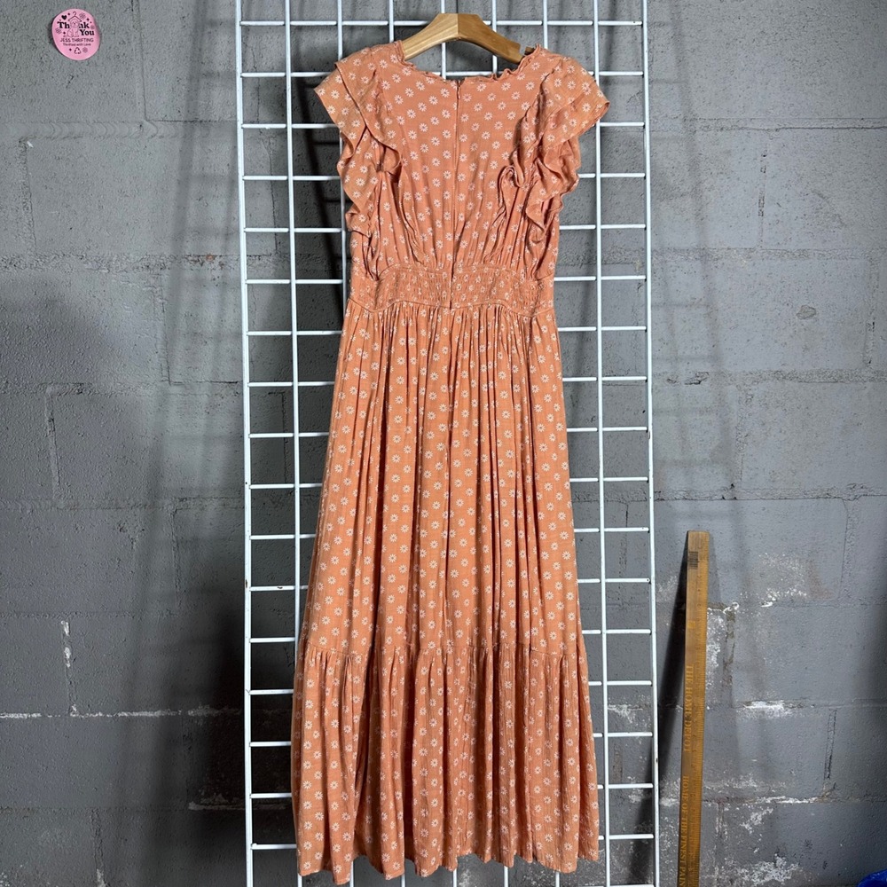 BOUTIQUE BOHO Peach Floral Ruffle Flutter Sleeve Tiered Midi SUMMER Dress Size M - Picture 6 of 7